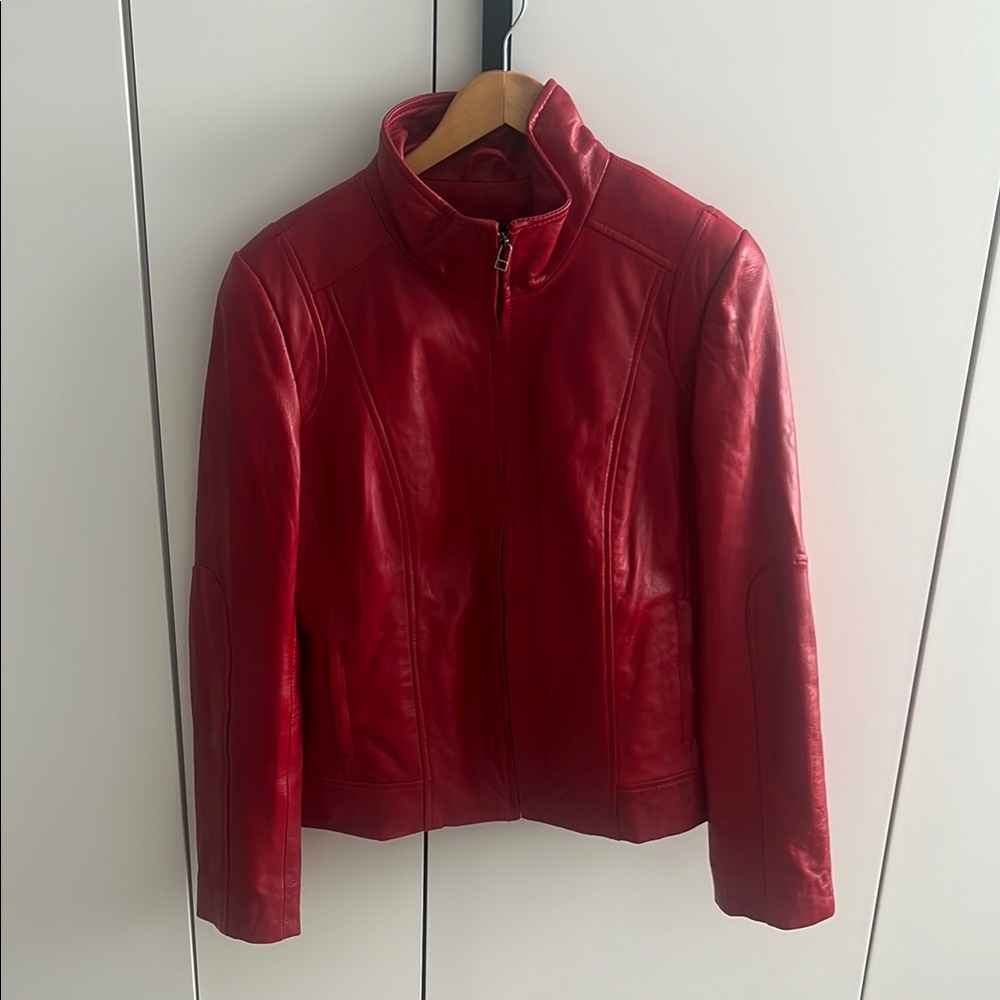 Danier Red Leather Jacket High Collar Fitted